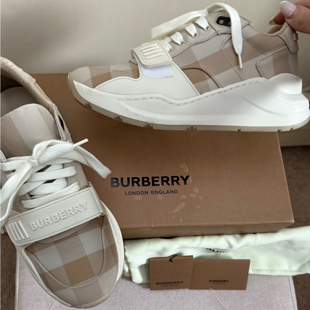 Burberry Beige and White Check Sneakers